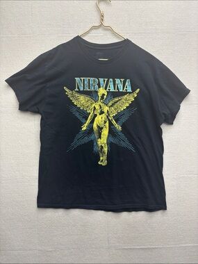NIRVANA Black Short Sleeve Tee with Yellow and Blue Angel Graphic large